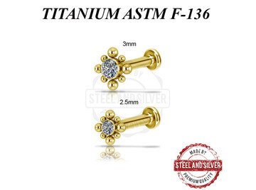 Лабрет из титана Steel and Silver с золотым покрытием и Premium Crystals